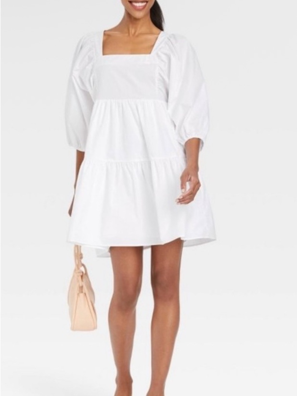 A New Day Poplin Cotton Square-Neck Tiered Puff Sleeve Mini Dress White Ethereal